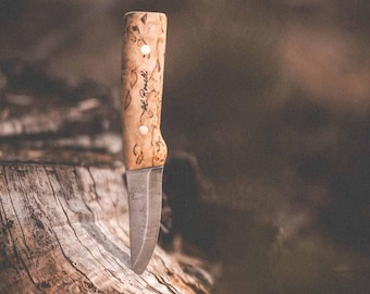 Roselli R100F Full Tang Hunting Knife: Carbon Steel, Curly Birch Handle (Handcrafted in Finland)