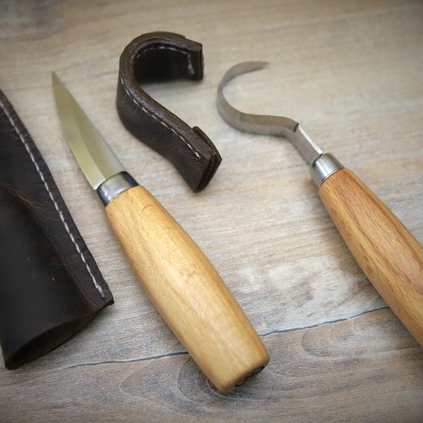 nordisches Schnitzmesser & Löffelmesser, extrem scharf geschliffen mit handgenähter Lederscheide - schnitzen, bushcraft, holzarbeit, löffel