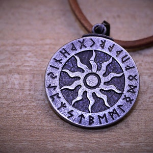 Viking necklace &quot;black sun&quot; with all 24 Futhark runes on a leather strap