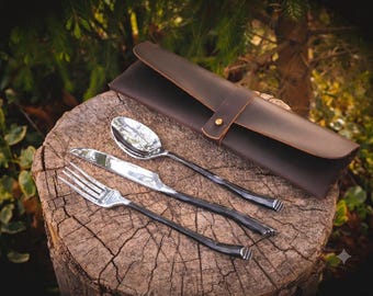 Hand Forged Cutlery Set, Bushcraft Utensils, LARP Ranger Knife Fork Spoon, Fantasy Leather Pouch