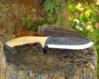 Hand-Forged Carbon Steel Bushcraft Knife | Ash Wood Handle, Full Tang, Leather Sheath