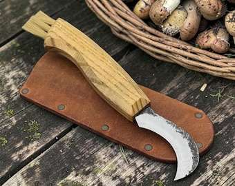 Hand Forged Mushroom Knife with Brush | 52100 Carbon Steel Foraging Knife, Ash Handle