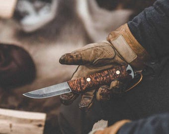 Roselli R40 Heimo Bushcraft Knife: Full Tang Carbon Steel, Curly Birch Handle (60 HRC)