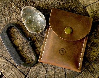 Hand-Forged Baltic Bow Fire Striker | Carbon Steel Flint Kit, Crazy Horse Leather Pouch