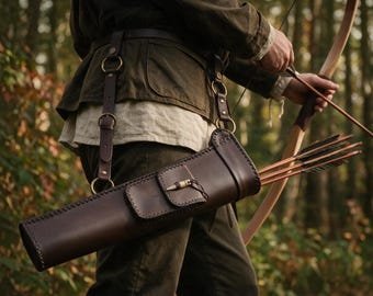 Handmade Leather Side Quiver | Bushcraft Archery Gear with Antler Pouch (Sheepskin Insert)
