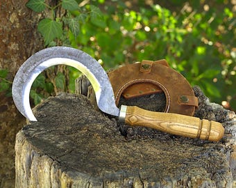 Hand Forged Bushcraft Sickle, 52100 Carbon Steel Foraging Tool, Ash Handle, Belt Sheath