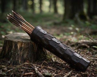 Handmade Leather Quiver | Half-Round Back Holder, Lamellar Scale Design, Sheepskin Interior