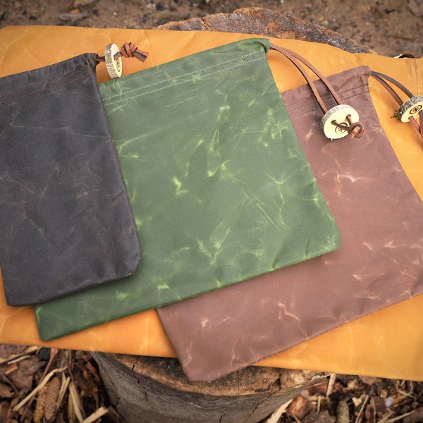 handcrafted water-resistant, oilskin cotton canvas bushcraft bag with oiled/waxed/dry finish for outdoor and camping gear