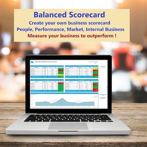 May include: A laptop computer displaying a spreadsheet with a graph. The spreadsheet is titled "Summary Balanced Scorecard". The text on the screen reads "Balanced Scorecard Create your own business scorecard People, Performance, Market, Internal Business Measure your business to outperform!"