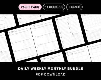 May include: A set of 14 printable planner designs in 9 sizes, including daily, weekly, and monthly layouts. The designs are black and white and feature a minimalist aesthetic. The text "VALUE PACK", "14 DESIGNS", and "9 SIZES" is displayed at the top of the image. The text "DAILY WEEKLY MONTHLY BUNDLE" and "PDF DOWNLOAD" is displayed at the bottom of the image.