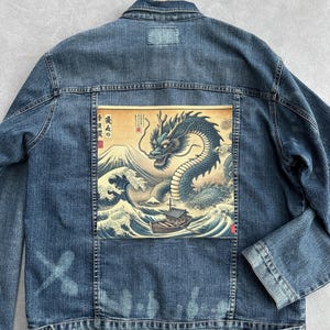 Japanischer Drache Aufnäher für Jacken | Bügelbild Wave Art Rückenaufnäher | Ukiyo-e Style Canvas Applikation