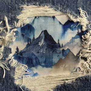 May include: A close-up of a ripped pair of blue jeans with a mountain scene printed fabric patch sewn in the hole. The fabric patch features a watercolour-style mountain range with a light blue sky and white clouds.