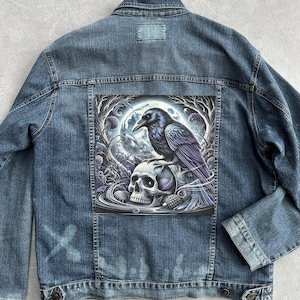 Raven skull patch for jackets – Gothic crow iron on patch – Mystical canvas applique for denim – Size 29 x 29 cm / 11.5 x 11.5 in