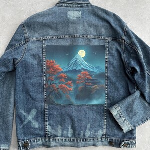 Großer Berg & Mond Aufnäher zum Aufbügeln, Japanische Landschaft für Jeansjacke, Mystische Natur Patch, Cottagecore Ästhetik