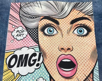 OMG Pop Art Woman Face Iron-On Patch: Large Handmade Canvas Applique