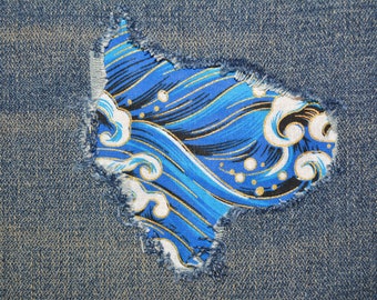 Welle blau peek a boo patch Tsunami Aufbügler für Jeans Löcher Löcher Patches