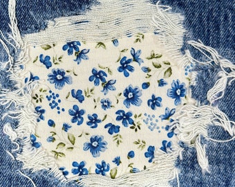 Blue flowers peek a boo patch  Iron on patches for denim holes   Knee patches
