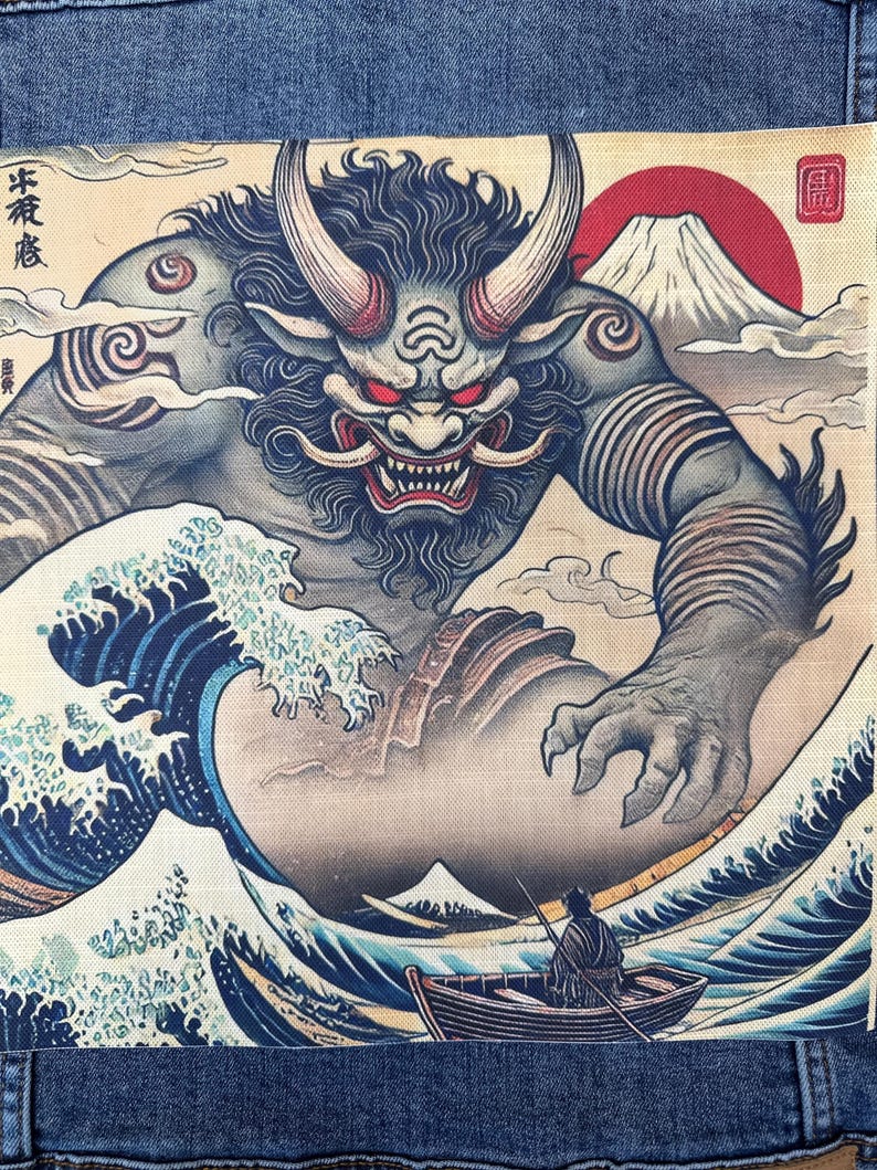 Japanese Oni Patch, Ukiyo-e Demon Wave Art, Iron-on Canvas - Etsy