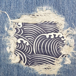 Japanese-Inspired Wave Print Patches for Jeans - Peek-a-Boo Decorative Knee Repair Upcycled Denim Mending