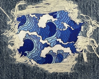 Japanese Waves Cotton Fabric Patch, Iron-On Jean Repair