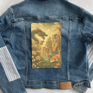 Tiger Drache Koi Fisch Aufnäher zum Aufnähen – Asiatisch Mythologie Aufnäher für Jacken, DIY Denim, Symbolischer Art Print Patch