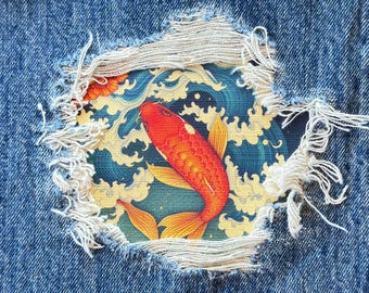 Koi Fish Iron-On Patch, Cotton Denim Repair