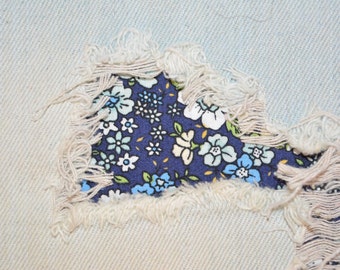 Blue Floral Peek-a-Boo Iron-On Bandana Fabric Patch for Denim Holes and Knee Repair
