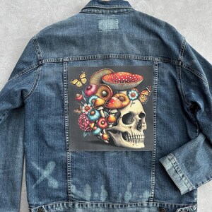 Skull and mushrooms patch for jackets Big iron on patches for tote bags Mystical style patches canvas Size 29 cm x 29 cm/11.5 in x 11.5 in
