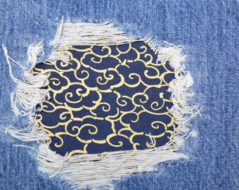 Sashiko Style Jean Patch – Dark Blue & Gold Cloud Print, Cotton Iron-On