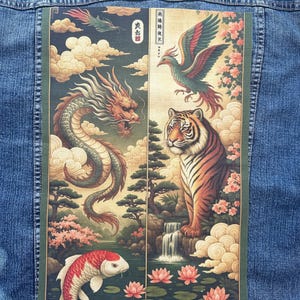 Dragon Tiger Phoenix Koi Patch – Large Back Patch for Denim Jacket – Japanese Chinese Mythology Iron On