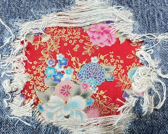 Asian Floral Print Iron On Patch, Denim Repair