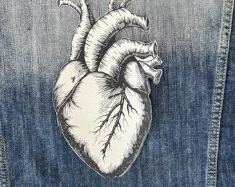 Anatomic Heart Patch: Black and White Cotton Canvas Iron-On (9x5 in)
