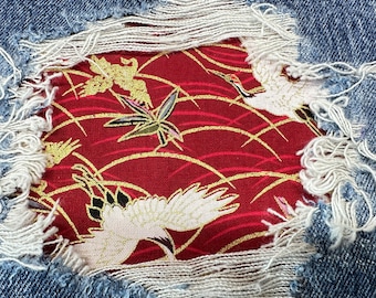 Asian Bird Iron-On Denim Patches, Handmade Fabric Repair