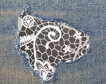 White winter flowers peek a boo patch  Iron on bandana fabric patches for denim holes Knee patches Jeans Patch Inside