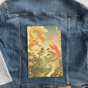 Drachen Phoenix Tiger Patch - Asiatische Mythologie Bügelbild mit Lotus und Sakura - spiritueller Back Patch für DIY Jeansjacke