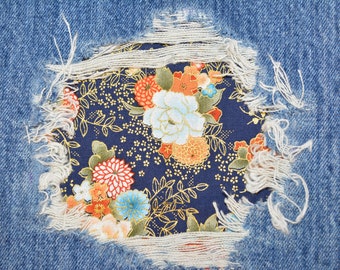 Asian Floral Print Cotton Denim Patch, Iron-On Jean Repair