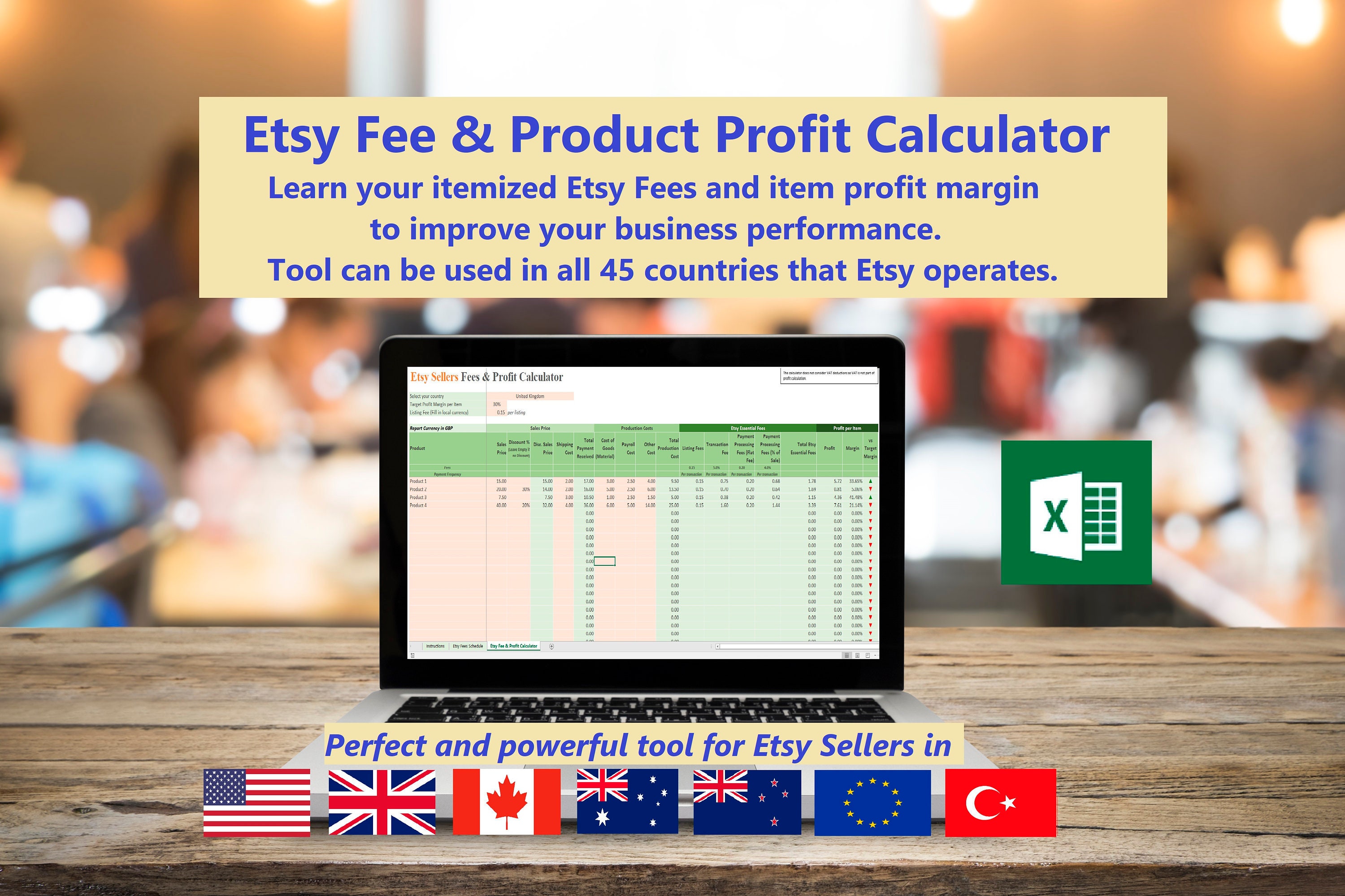 Etsy Fee and Item Profit Calculator for 45 Countries Excel Increase