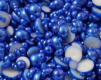 Royal Blue Flat Back faux MIXED Size half pearls - 60 grams - 3mm, 4mm, 5mm, 6mm, 8mm, 10mm - half round embellishments, diy, crafts