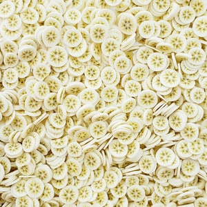 Bananen Scheiben - 5 mm- 30- 60 Gramm - Polymer Clay - Fake Frucht Streusel, Basteln, Verzierung, Schleim, Nailart, Schneekugel Becher,