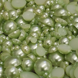 Lt. Sage  Flat Back faux MIXED Size half pearls - 60 grams - 3mm, 4mm, 5mm, 6mm, 8mm, 10mm - half round embellishments, diy, crafts