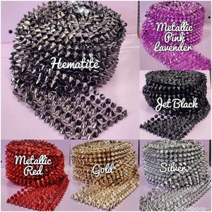 1 - Yard Spike Trim 10 Row Studs Spike Plastic Trim, Acrylic Mesh Banding, Flat Back Stud Trim by the yard , Gold, Hematite, Black , Silver