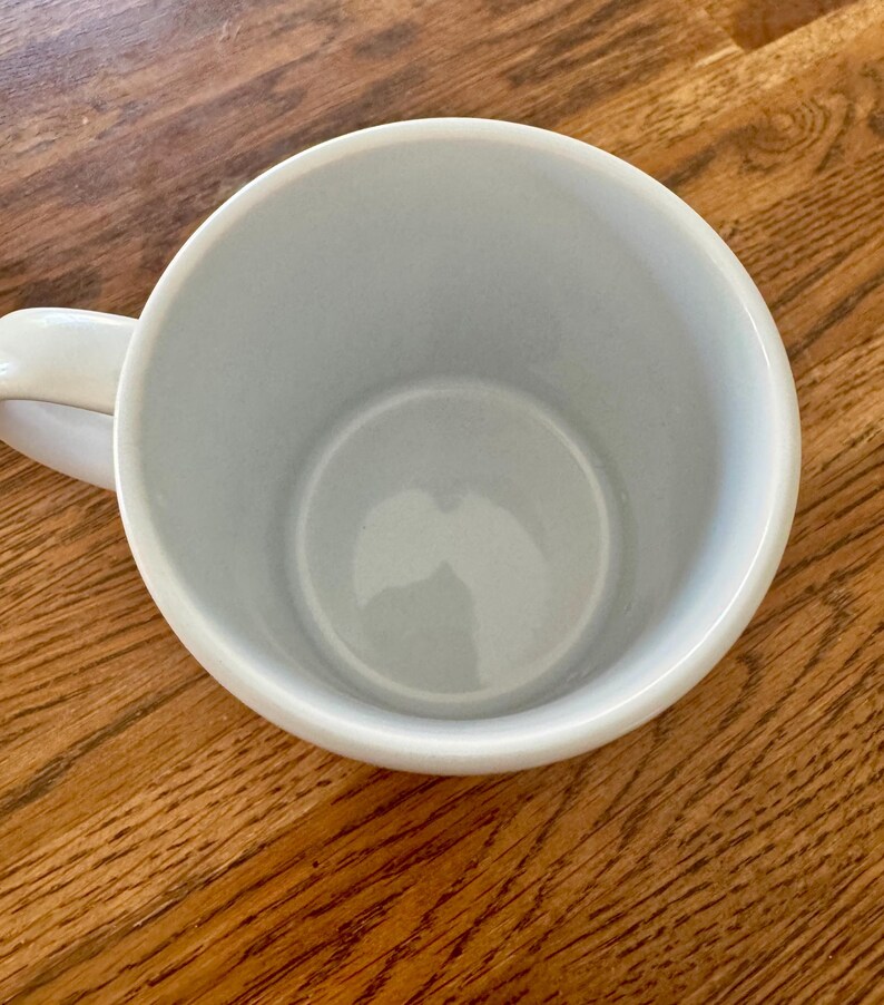 May include: A pale blue ceramic mug with a white handle. The mug is empty and rests on a wooden surface. The interior of the mug is a lighter shade of blue.