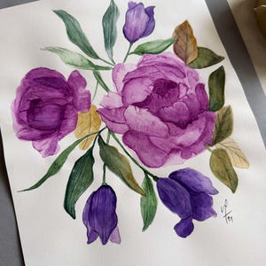 Watercolor  Flowers ,Original Painting,Hand painted , Peonies, Original , Wall Decor, Gift.9x12 inch