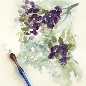 Watercolor Glicina, Purple flowers, 9x12 inch, Boho, Wall Decor, Gift, Homewarming