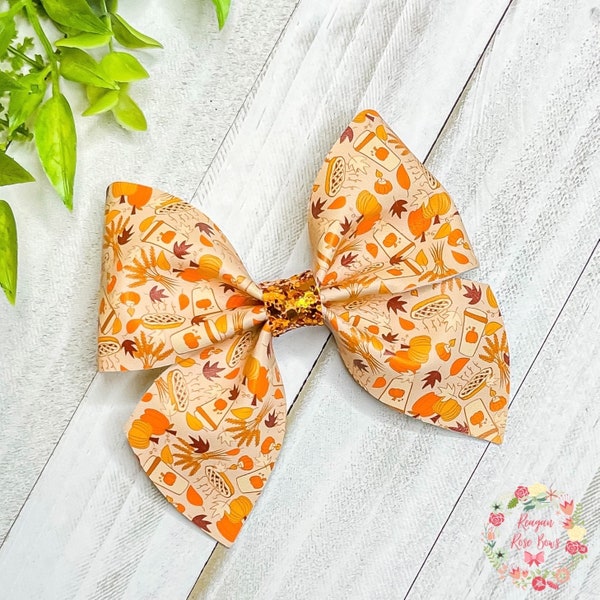 Pumpkin pie hair bows for little girls, orange fall sailor bows for toddler girls, pumpkin patch hair accessories for kids, pumpkin spice