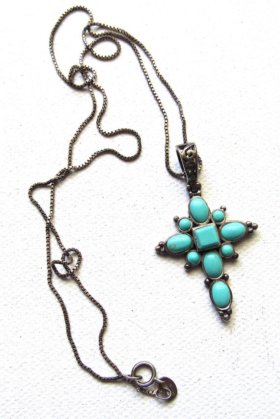 Vintage Sterling Silver Cross Necklace Turquoise Cabochons, Signed JC 925 View 3