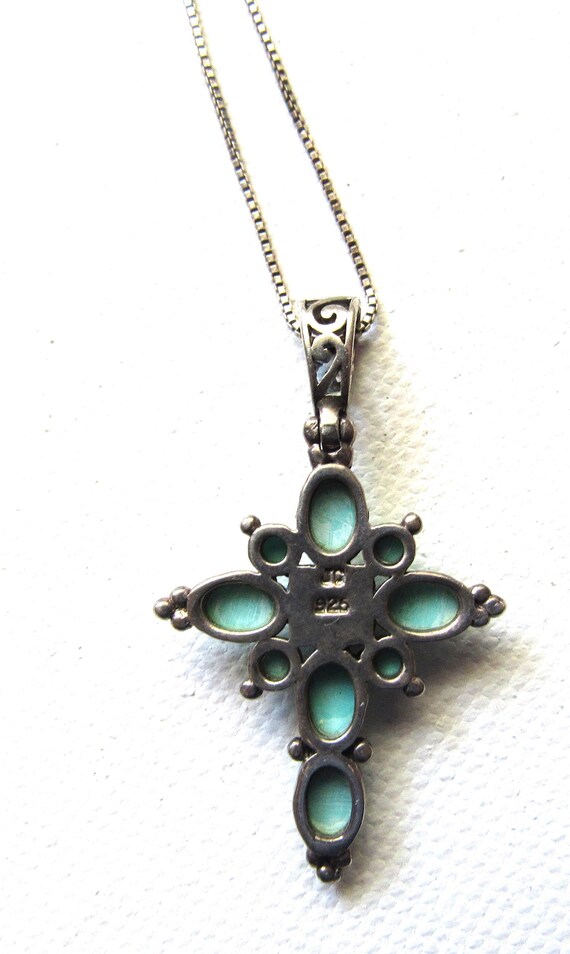 Vintage Sterling Silver Cross Necklace Turquoise Cabochons, Signed JC 925 View 4