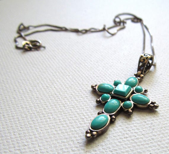 Vintage Sterling Silver Cross Necklace Turquoise Cabochons, Signed JC 925 View 2