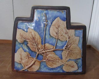 Jarrón de cerámica TENMOKU vintage, artesanía malasia, diseño de hojas y gres.