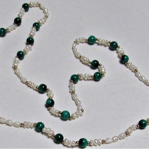 Vintage 14K Malachite Freshwater Pearl Gold Necklace